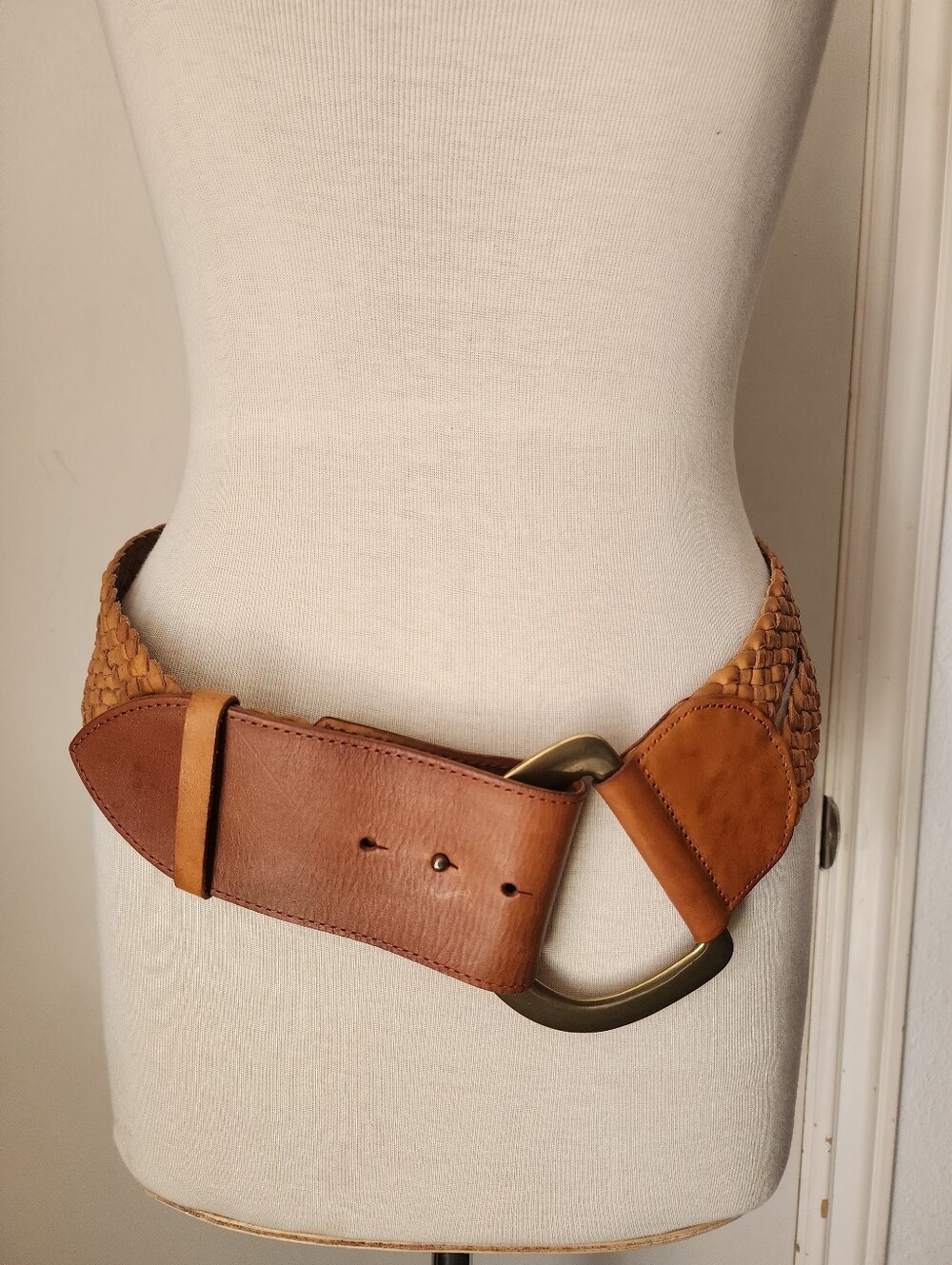 Linea Pelle Woven Leather Wide Belt Brown Brass Buckle Boho Western Size M